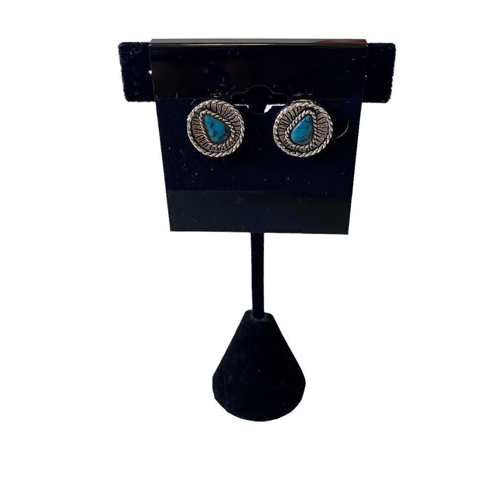 Southwest Style Button Earrings w/ Marbled Faux Turquoise Center.